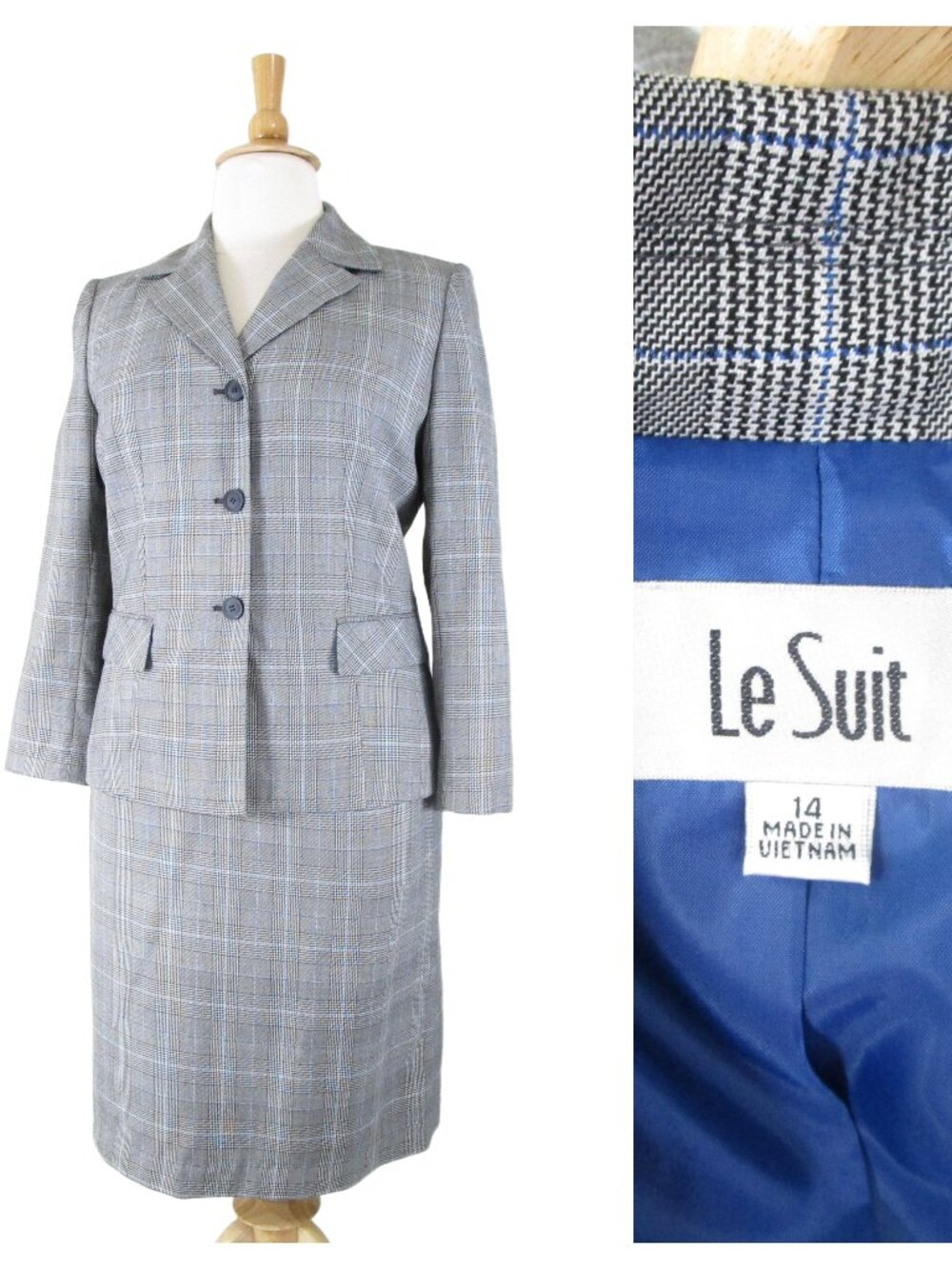 Le Suit Plus Size Gray Blue Check Plaid Skirt Suit 14 Formal Business Career
